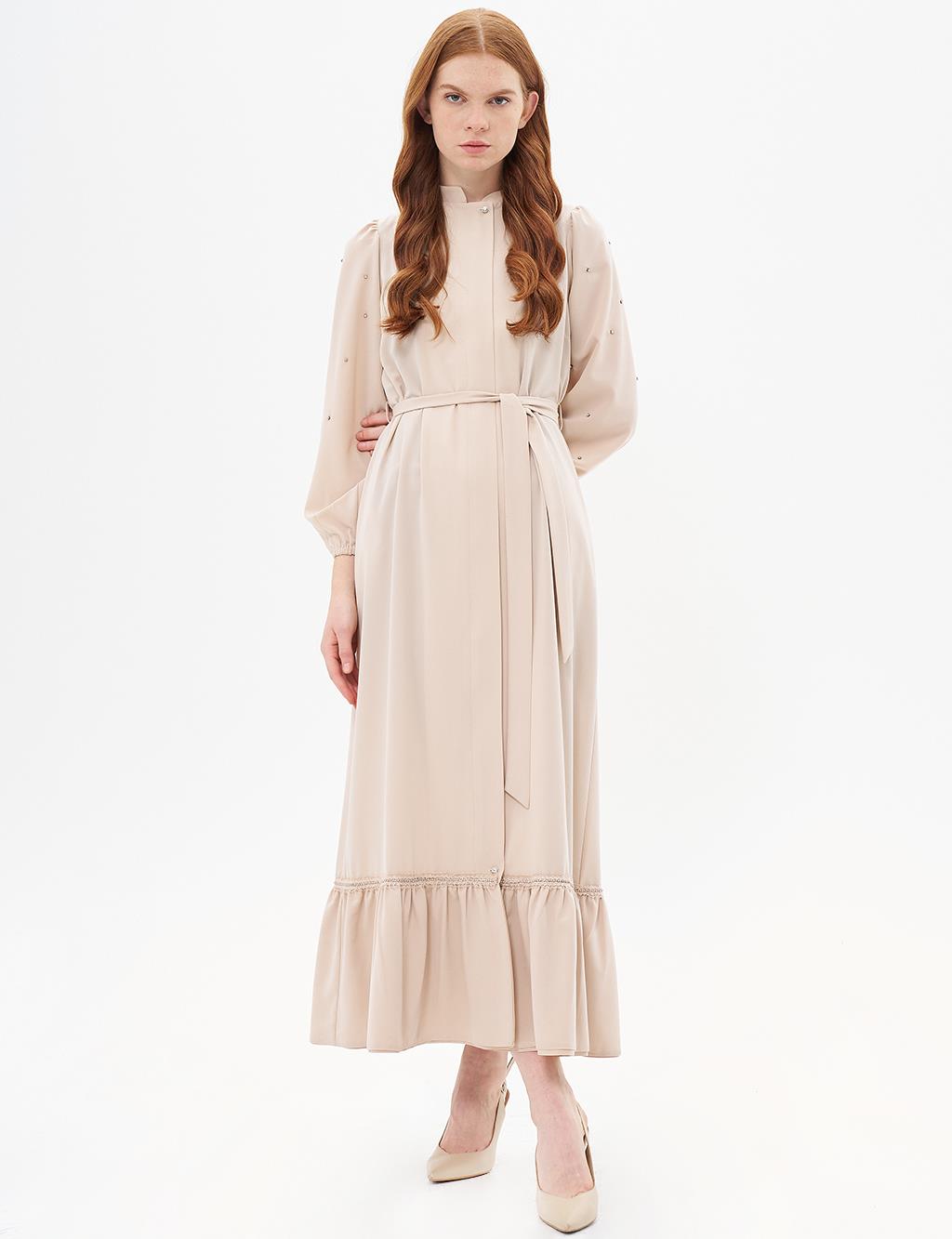 Belted Balloon Sleeve Wear-and-Go Sand Beige