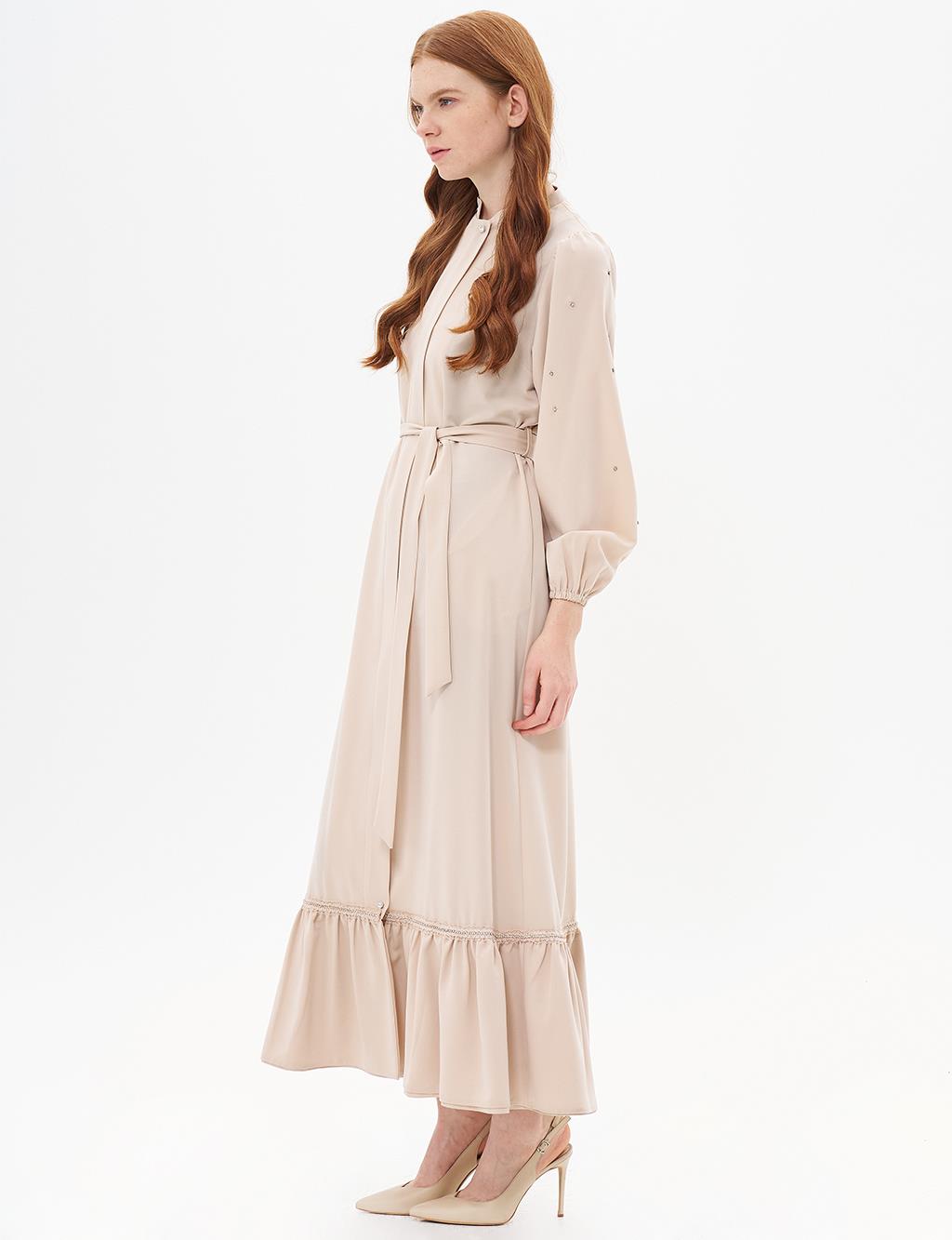 Belted Balloon Sleeve Wear-and-Go Sand Beige