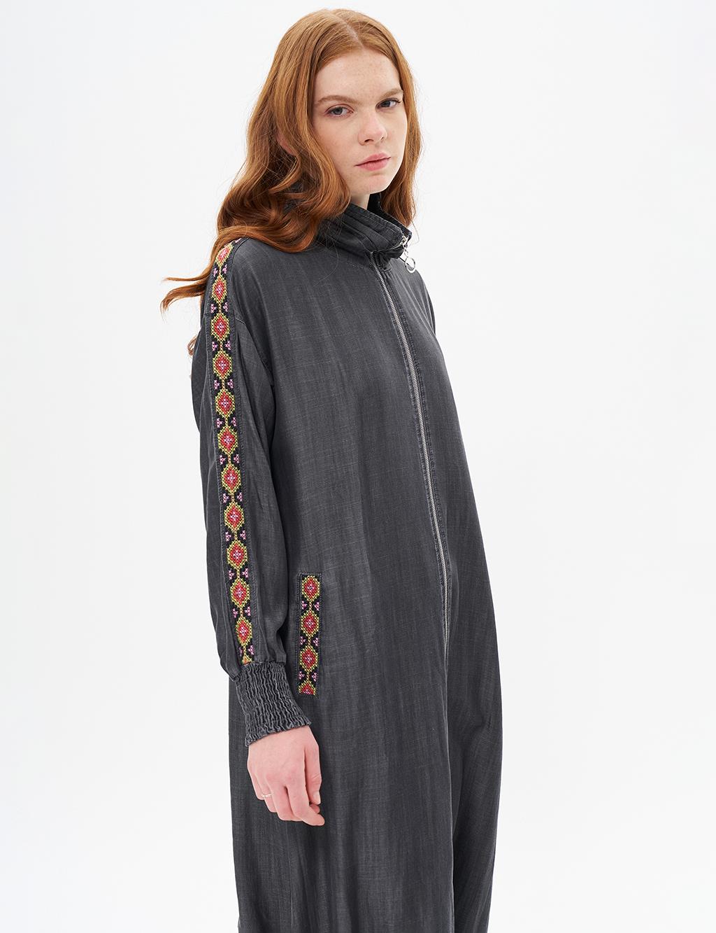 Ribbed Stand Collar Ethnic Patterned Wear-and-Go Gray