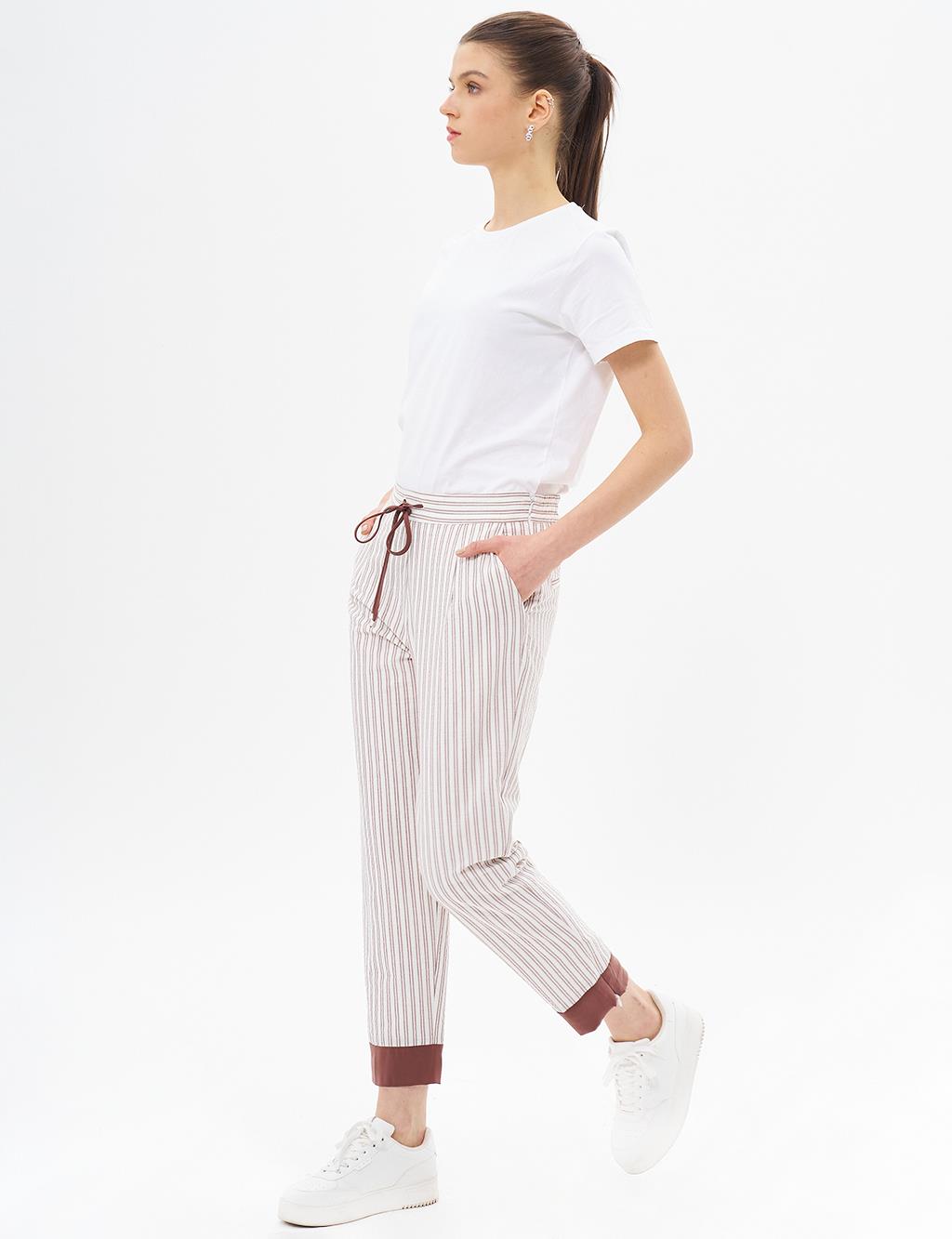 Elastic Waist Natural Fabric Trousers Coffee-Optic White