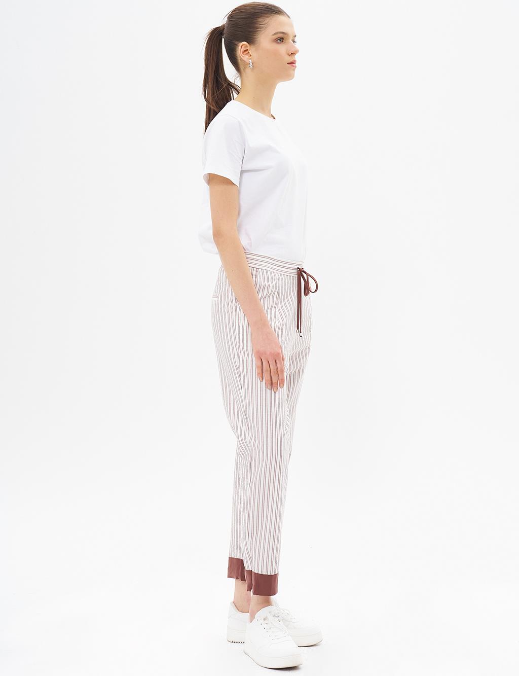 Elastic Waist Natural Fabric Trousers Coffee-Optic White