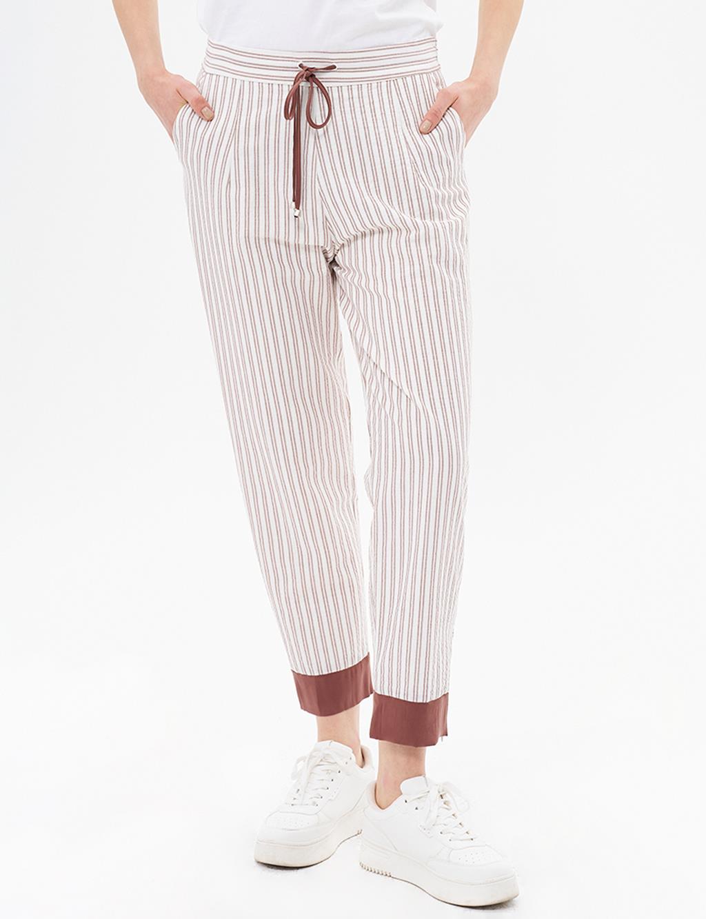 Elastic Waist Natural Fabric Trousers Coffee-Optic White