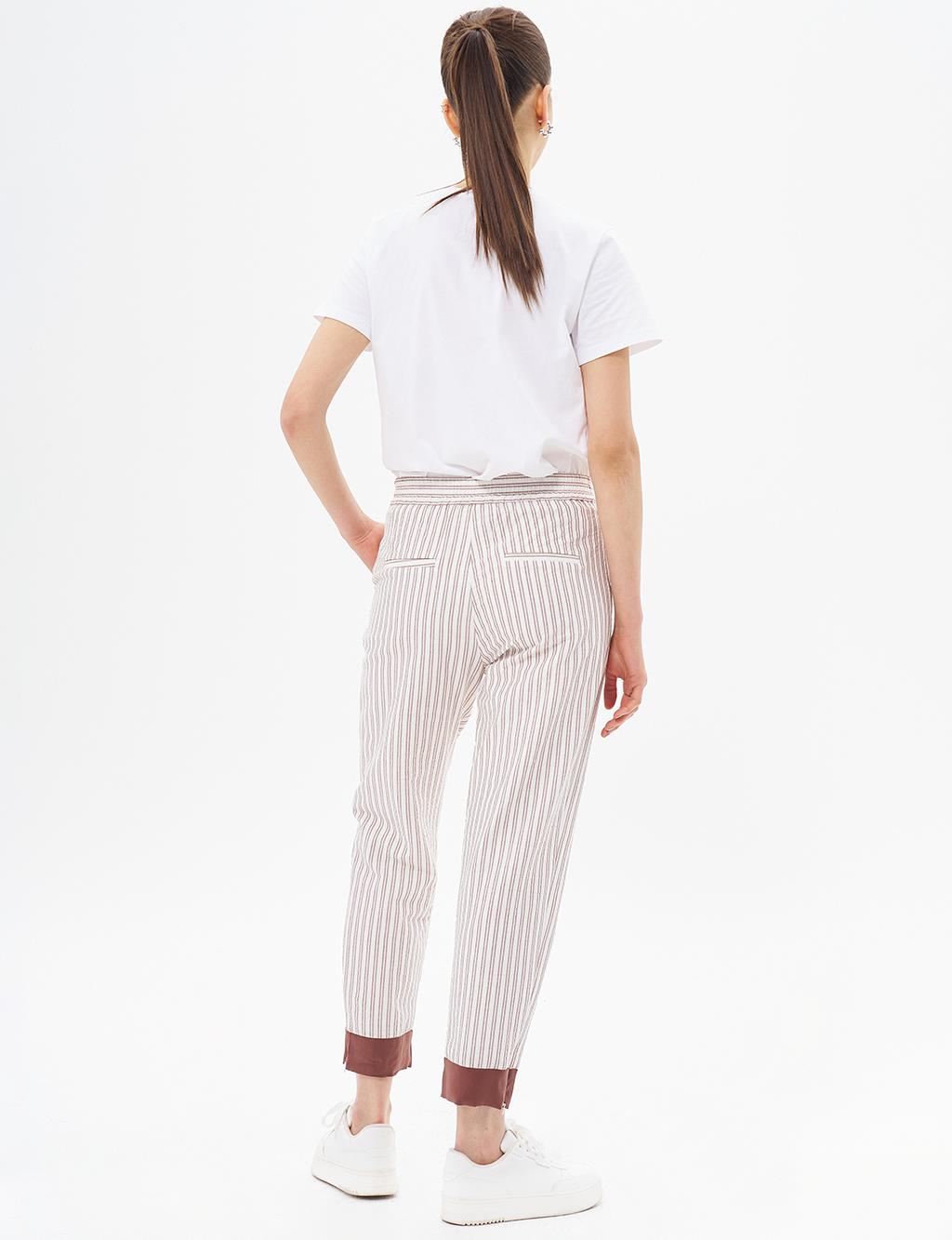 Elastic Waist Natural Fabric Trousers Coffee-Optic White