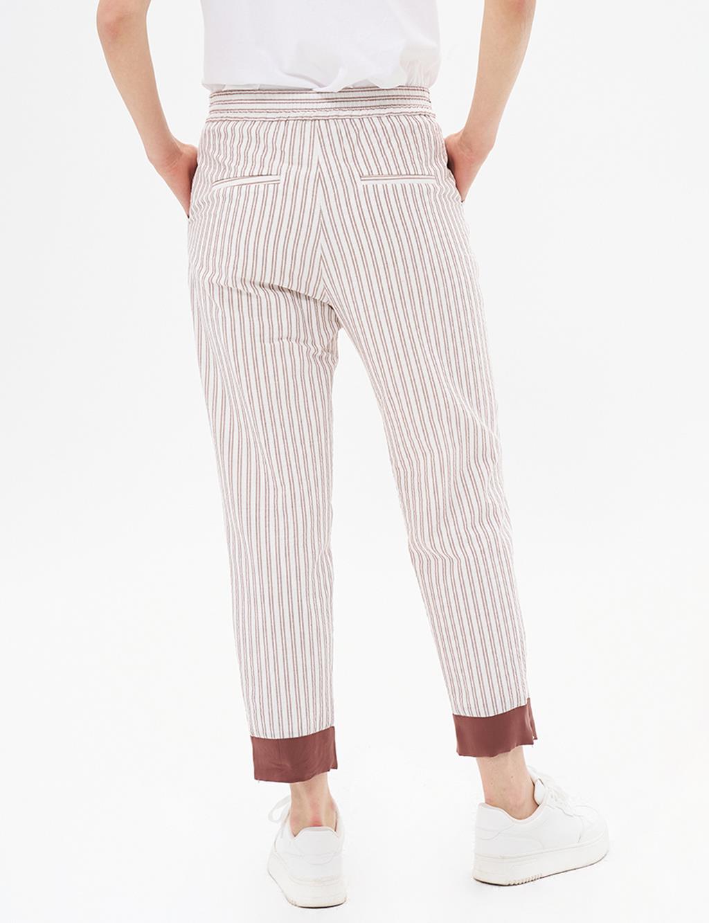 Elastic Waist Natural Fabric Trousers Coffee-Optic White