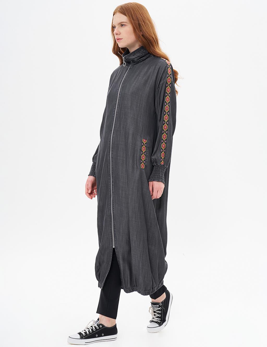 Ribbed Stand Collar Ethnic Patterned Wear-and-Go Gray