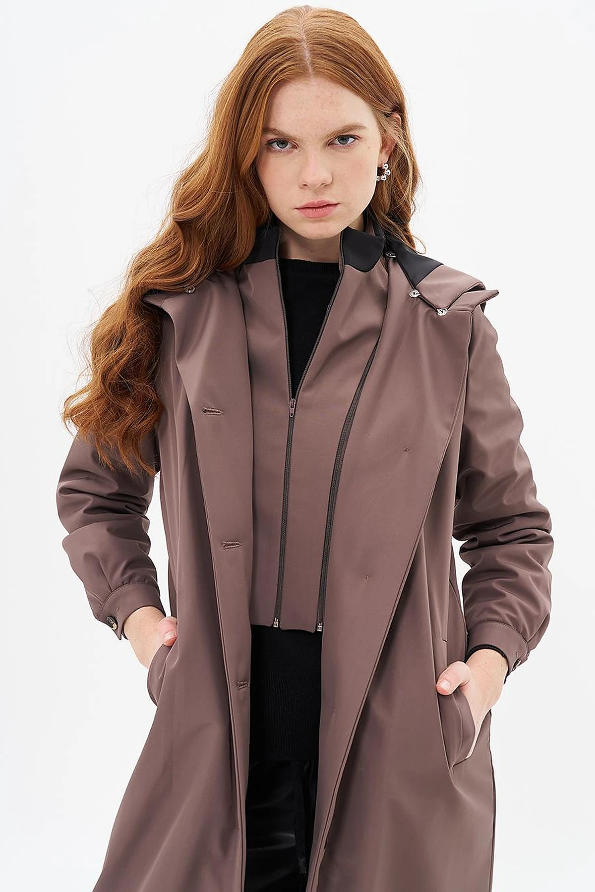 Hood Detailed Overcoat Mink