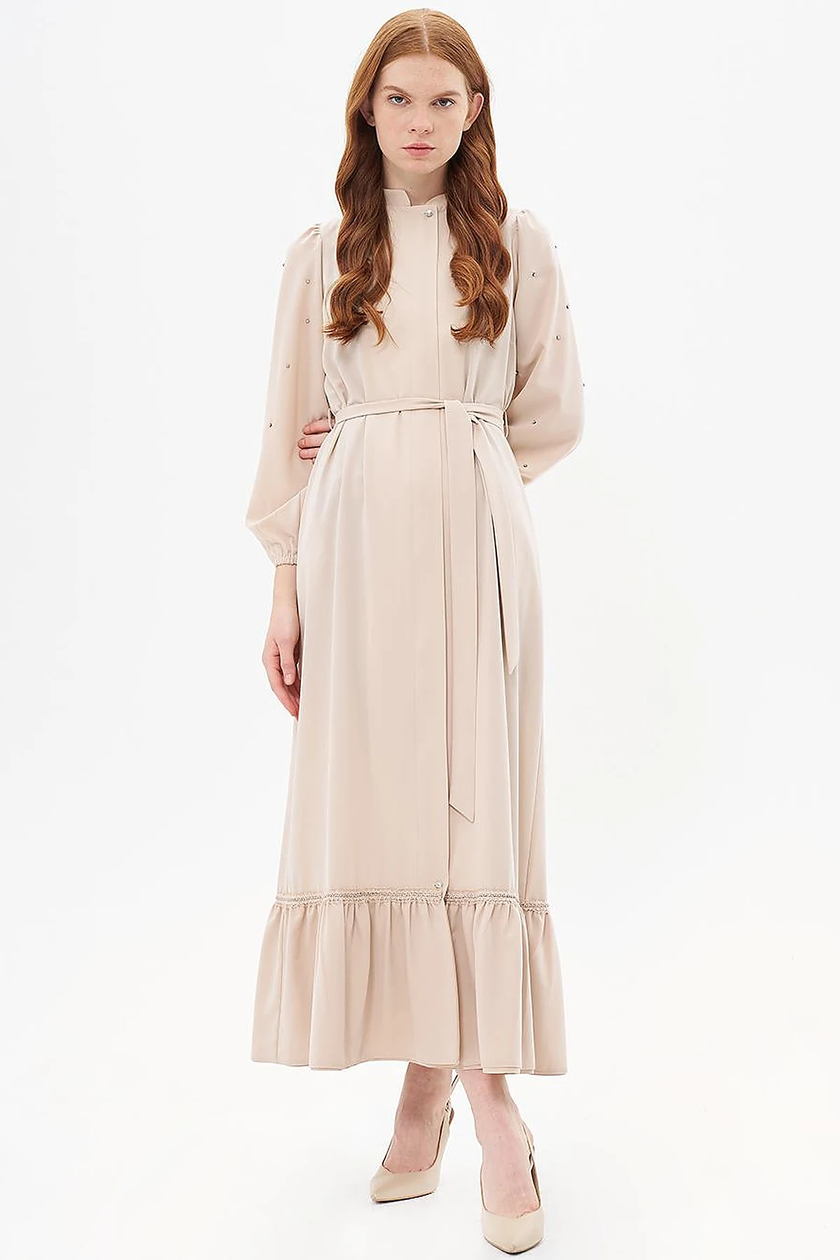 Belted Balloon Sleeve Wear-and-Go Sand Beige