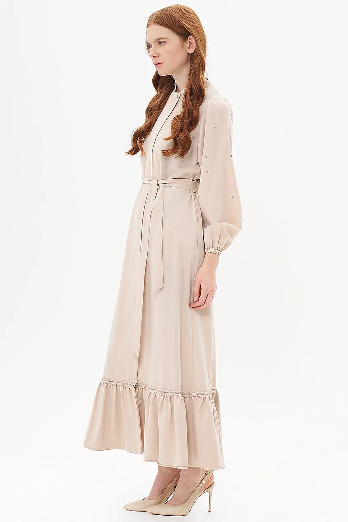Belted Balloon Sleeve Wear-and-Go Sand Beige