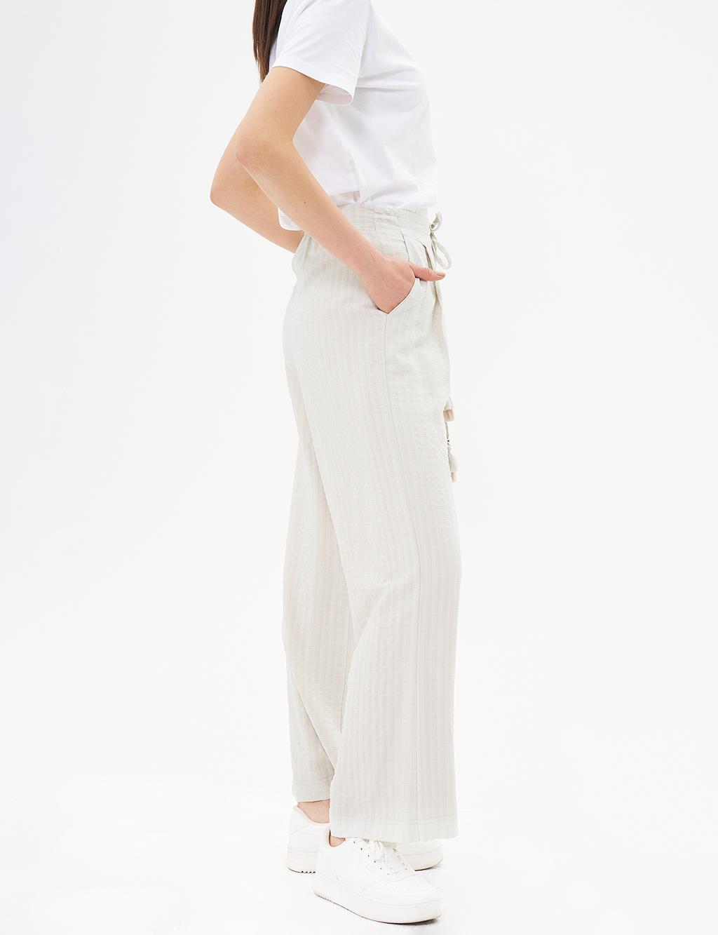 Elastic Waist Tassel Trousers Cream