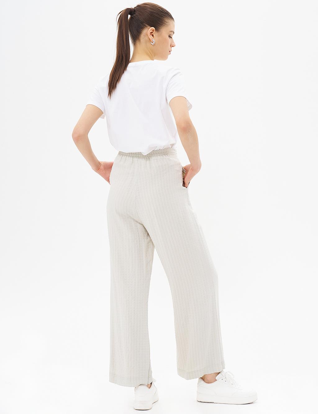 Elastic Waist Tassel Trousers Cream