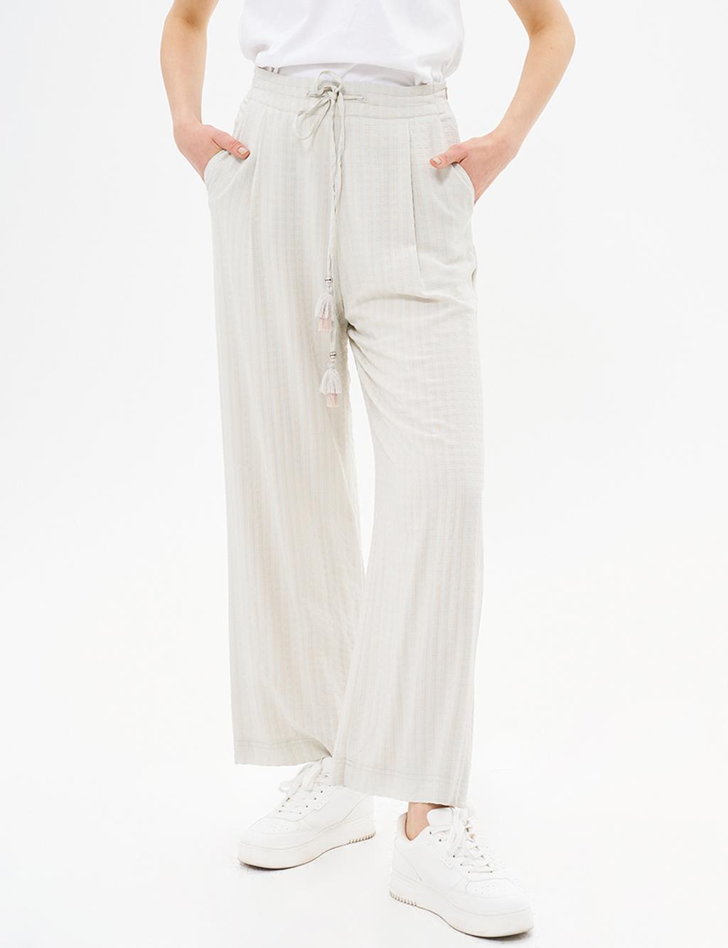 Elastic Waist Tassel Trousers Cream