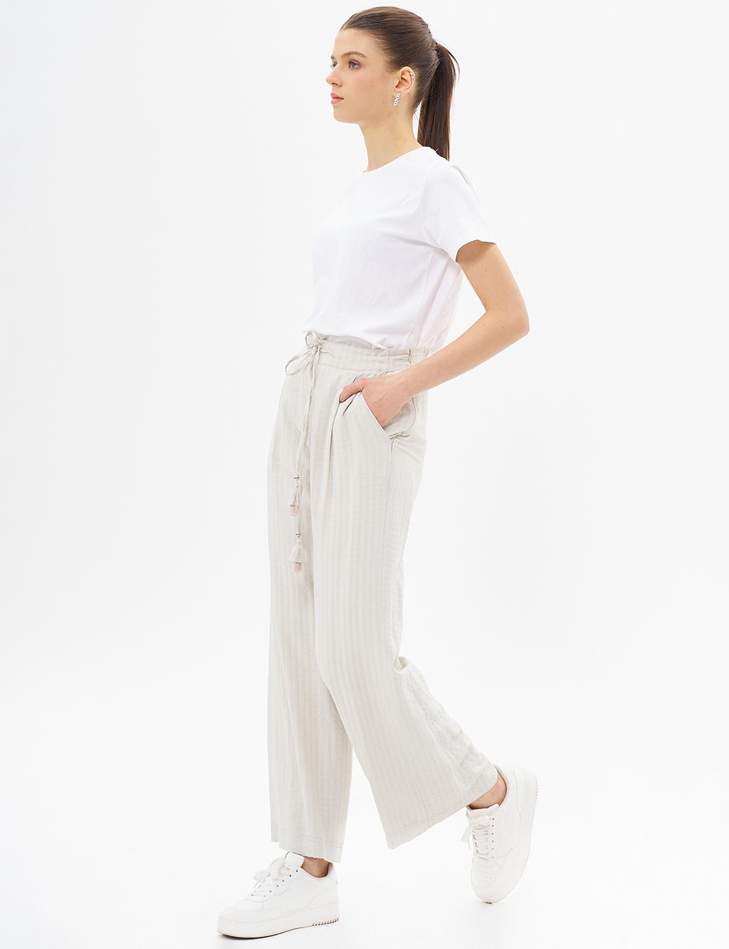 Elastic Waist Tassel Trousers Cream