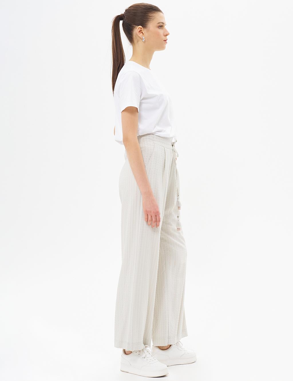 Elastic Waist Tassel Trousers Cream