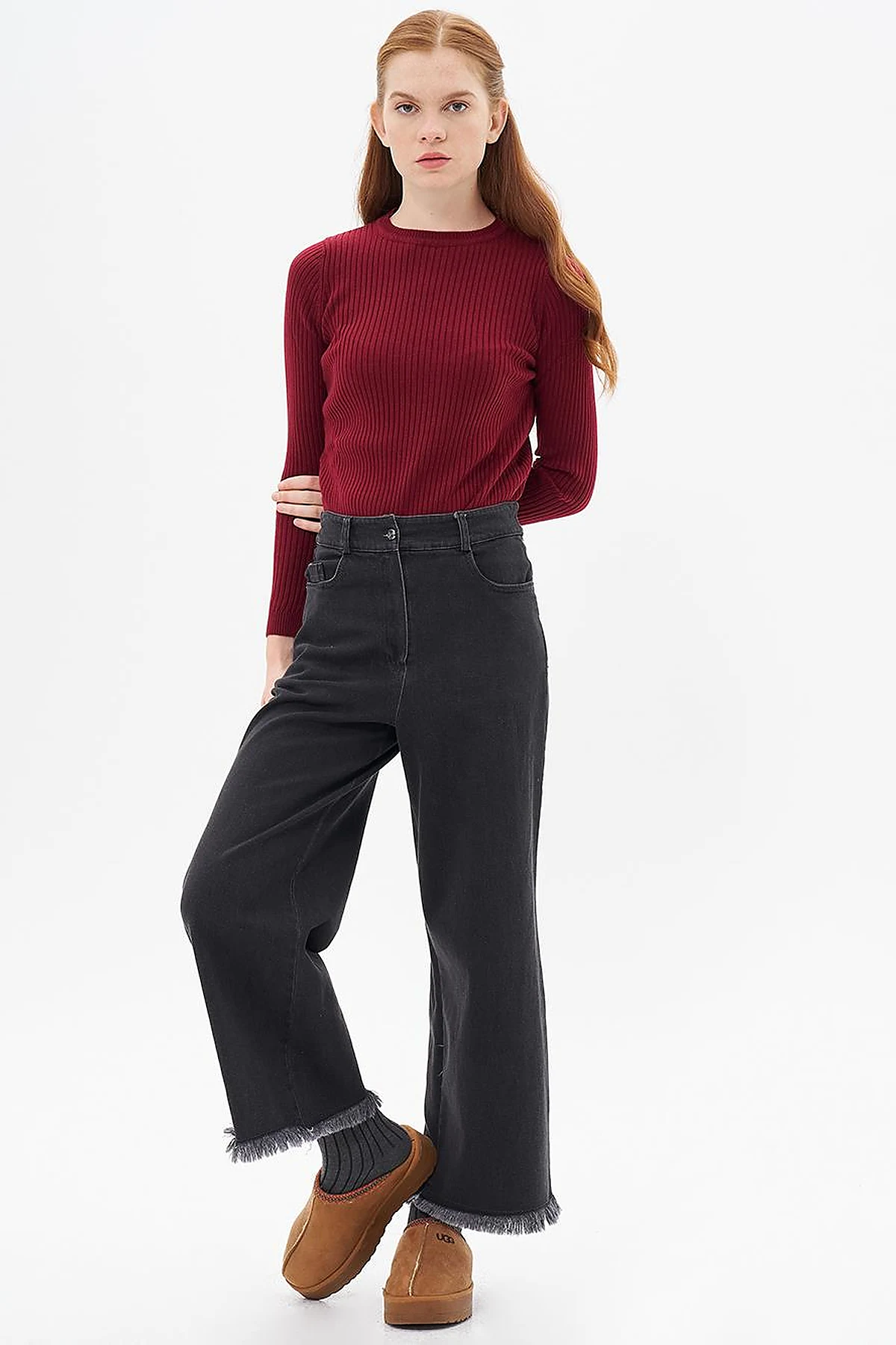 Fringed Denim Trousers Gray