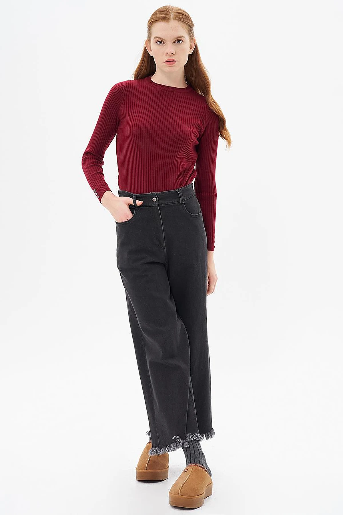 Fringed Denim Trousers Gray