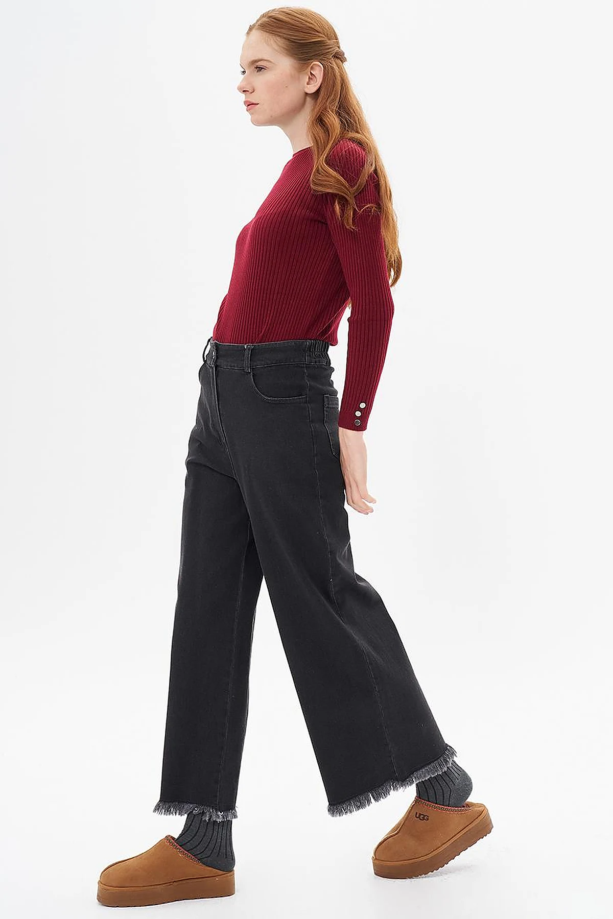 Fringed Denim Trousers Gray
