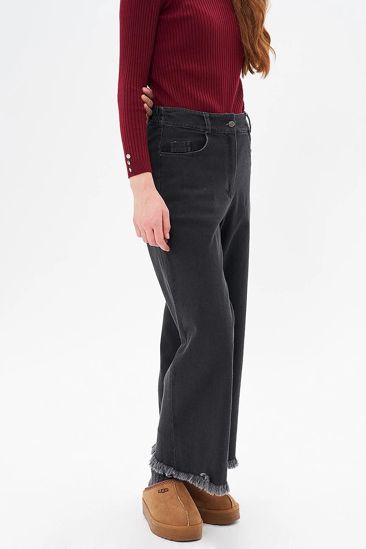 Fringed Denim Trousers Gray
