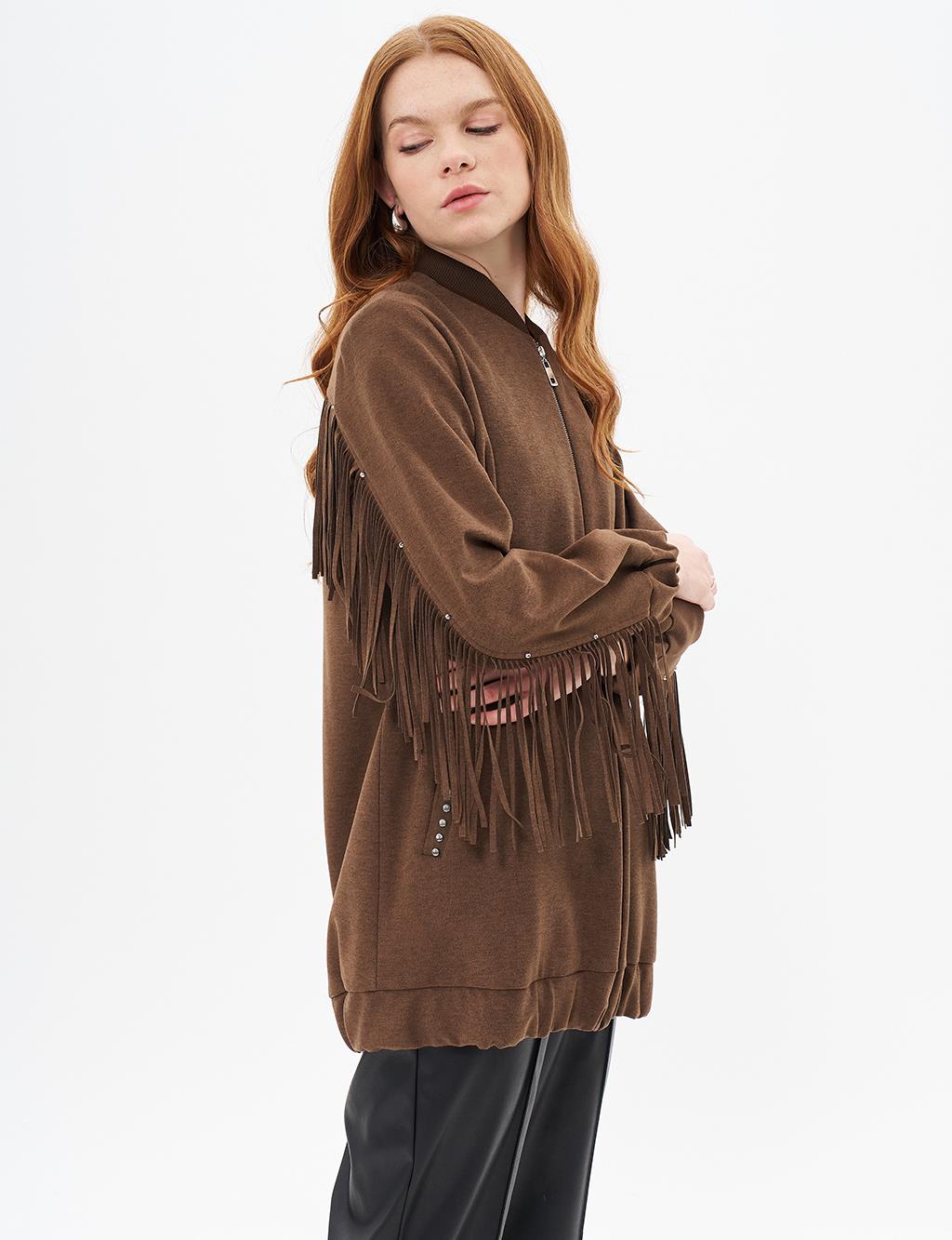 Suede Jacket with Tassel Detail on the Back Brown