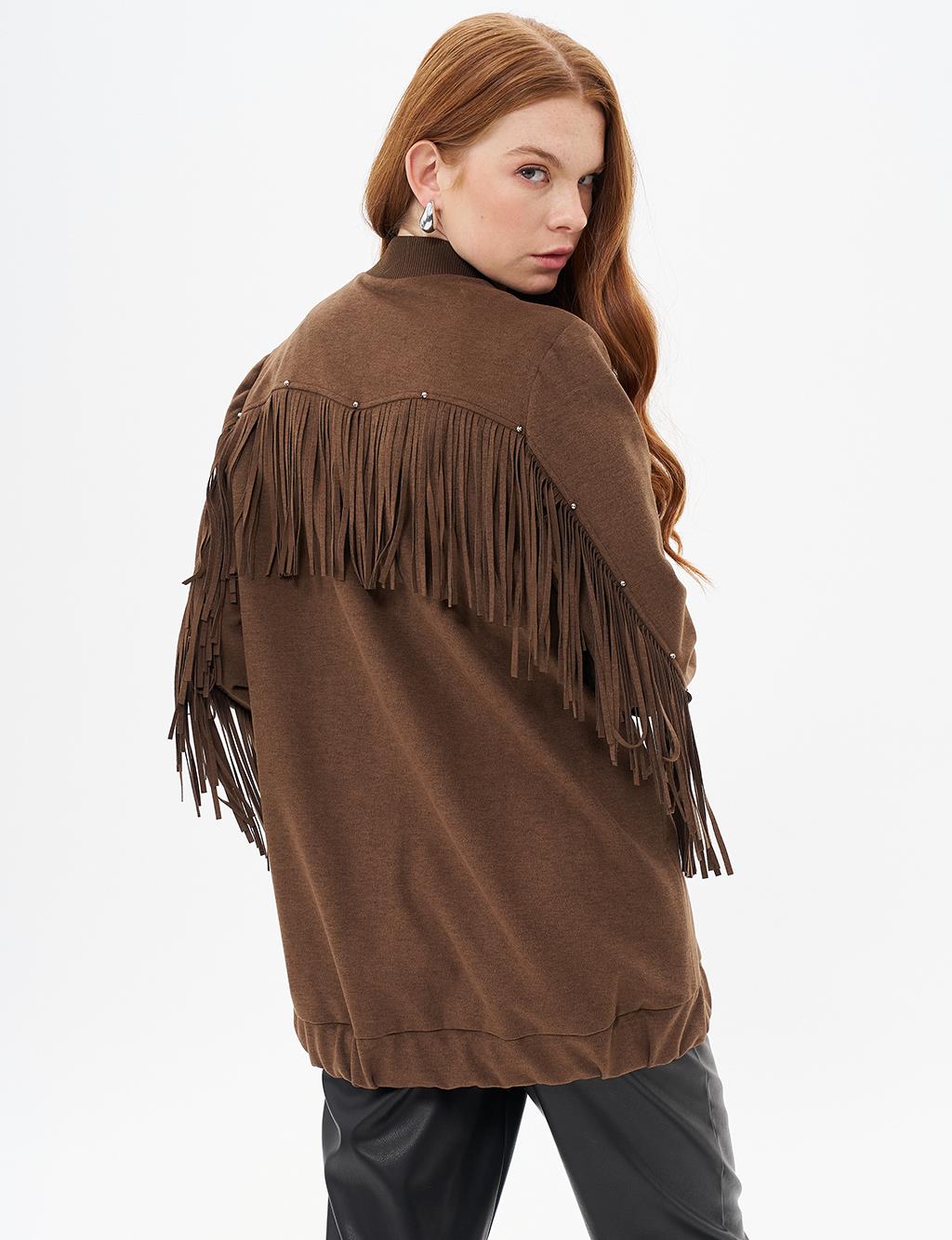 Suede Jacket with Tassel Detail on the Back Brown