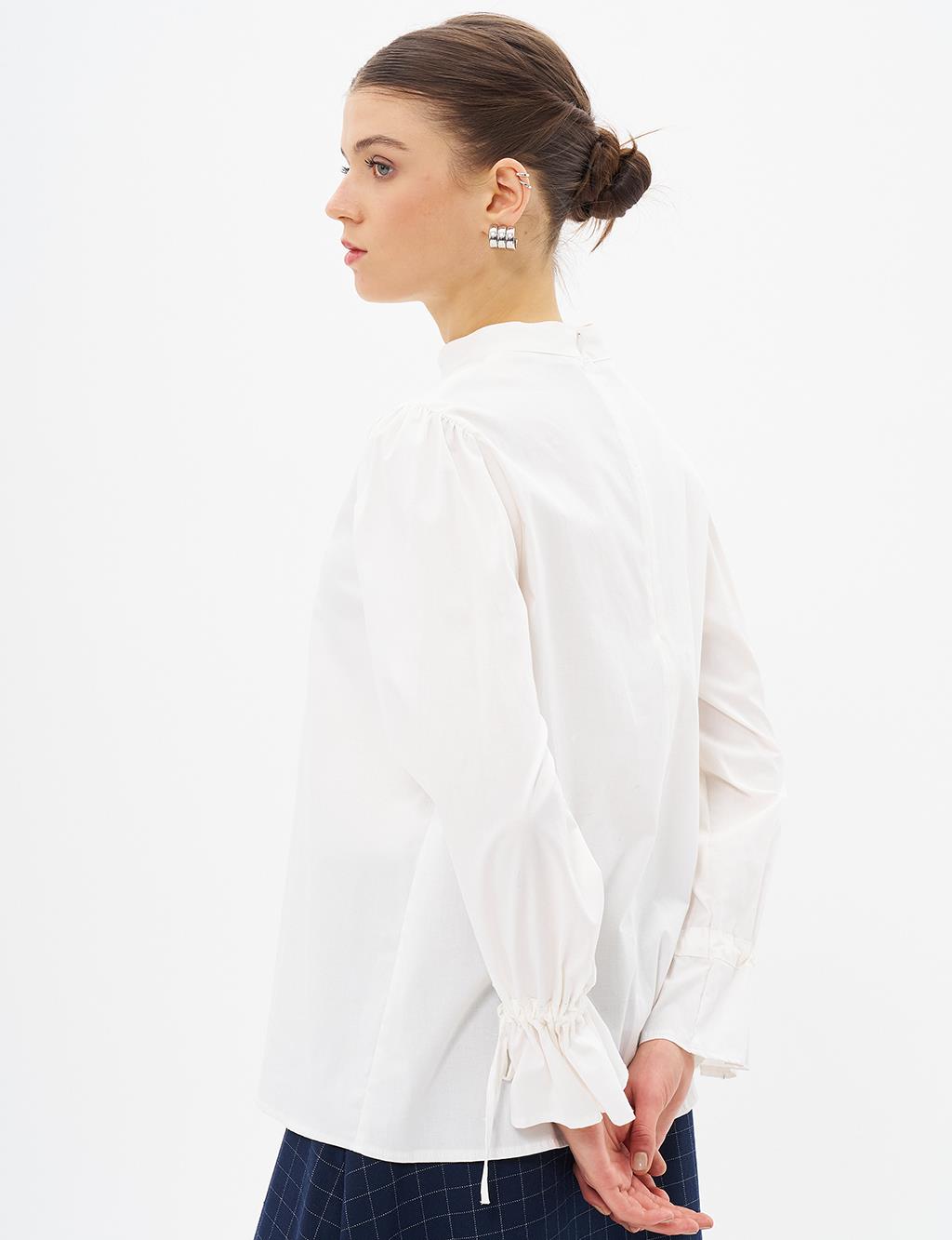 Poplin Blouse with Drawstring and Laced Wrists Ecru