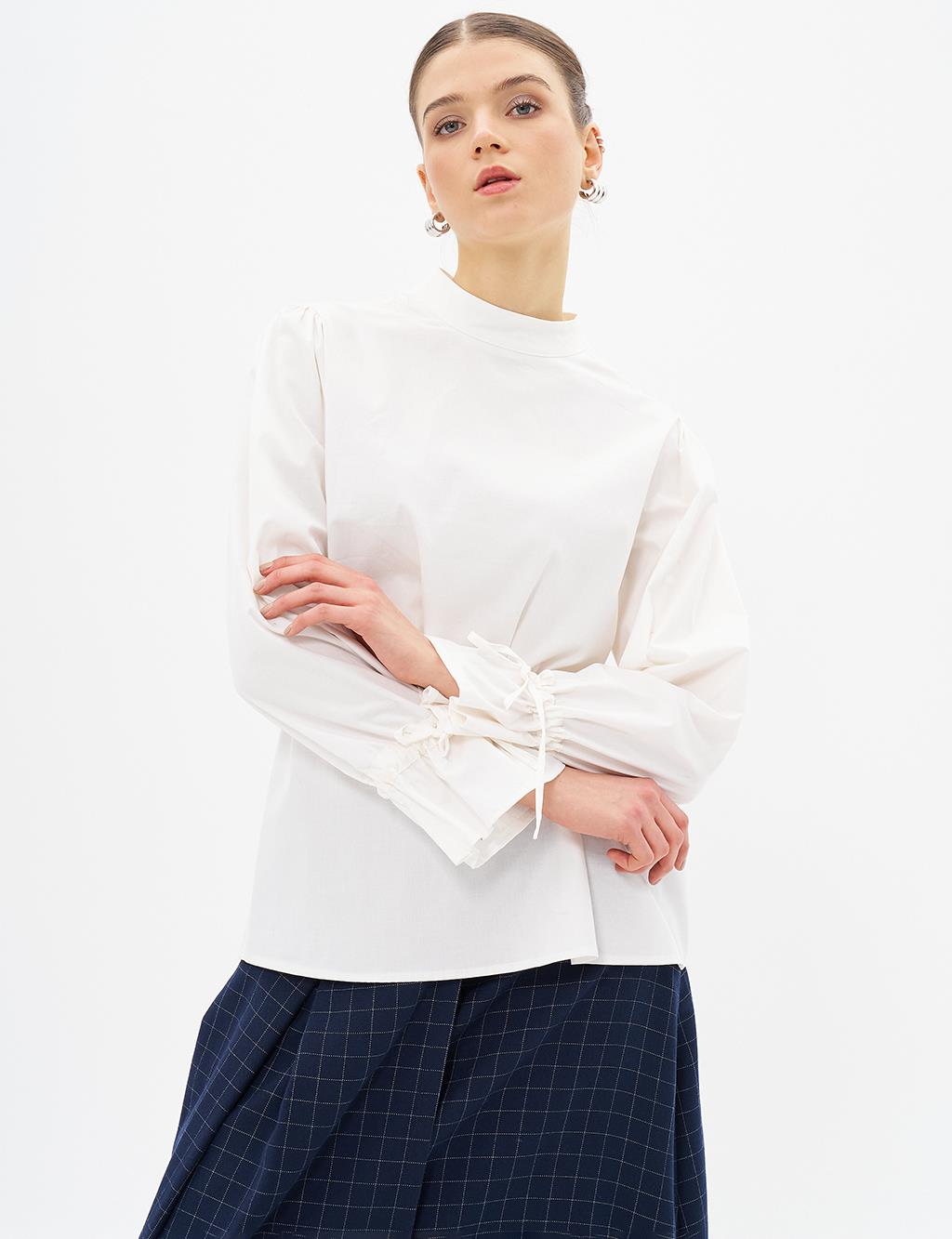 Poplin Blouse with Drawstring and Laced Wrists Ecru