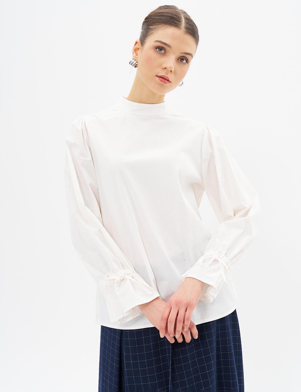 Poplin Blouse with Drawstring and Laced Wrists Ecru