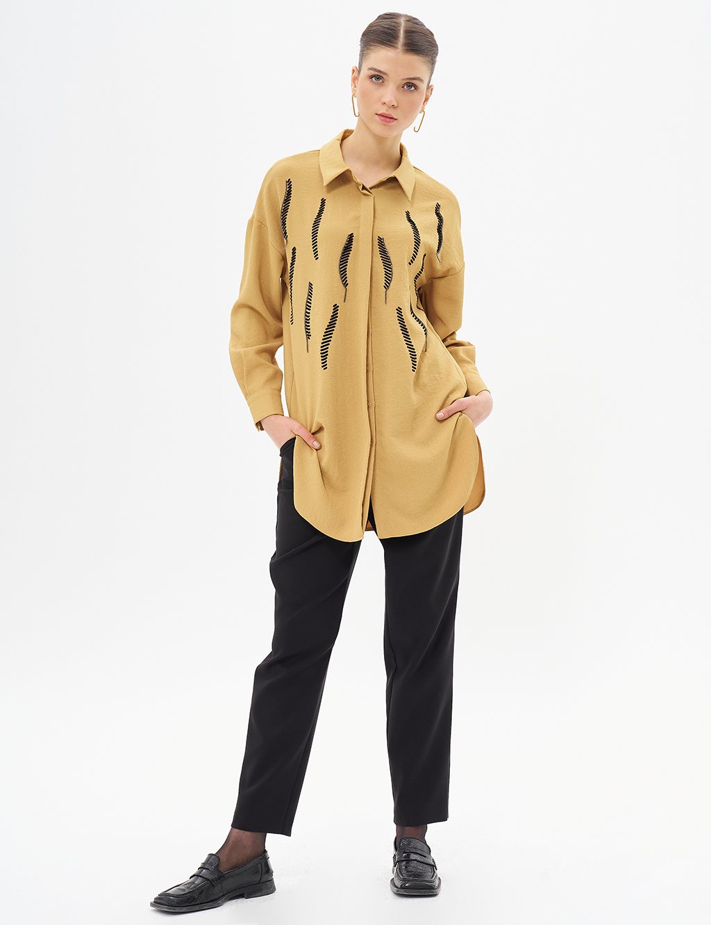 Shirt Collar Tunic with Stripe Detail Mustard