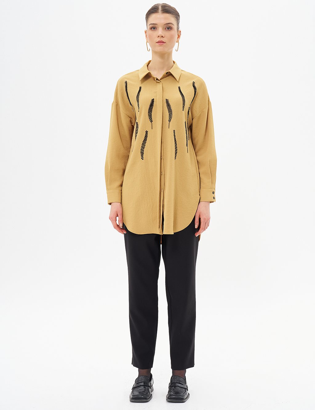 Shirt Collar Tunic with Stripe Detail Mustard