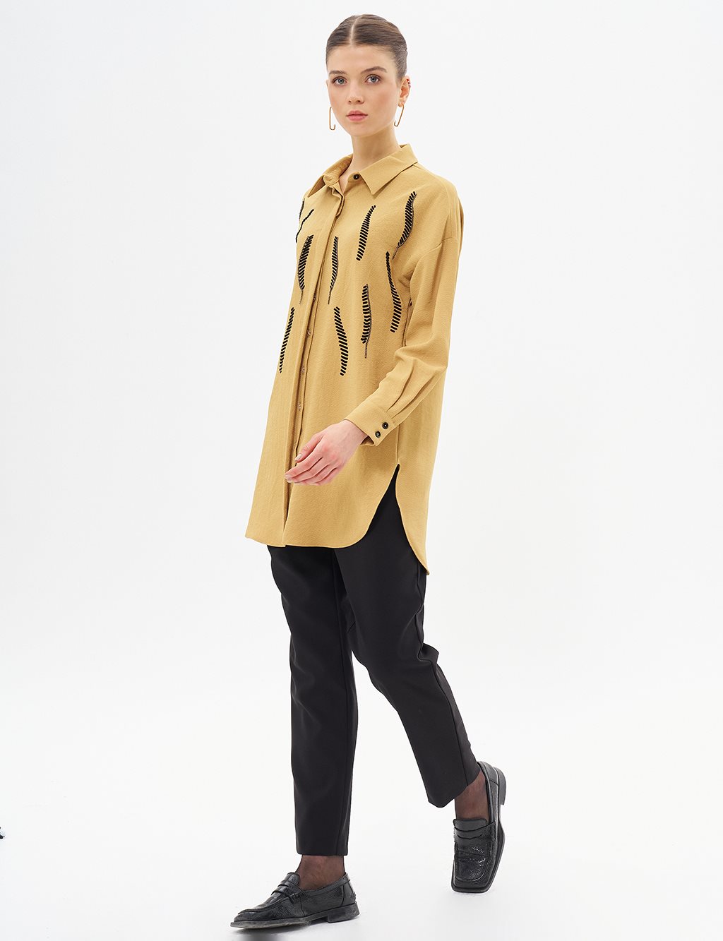 Shirt Collar Tunic with Stripe Detail Mustard