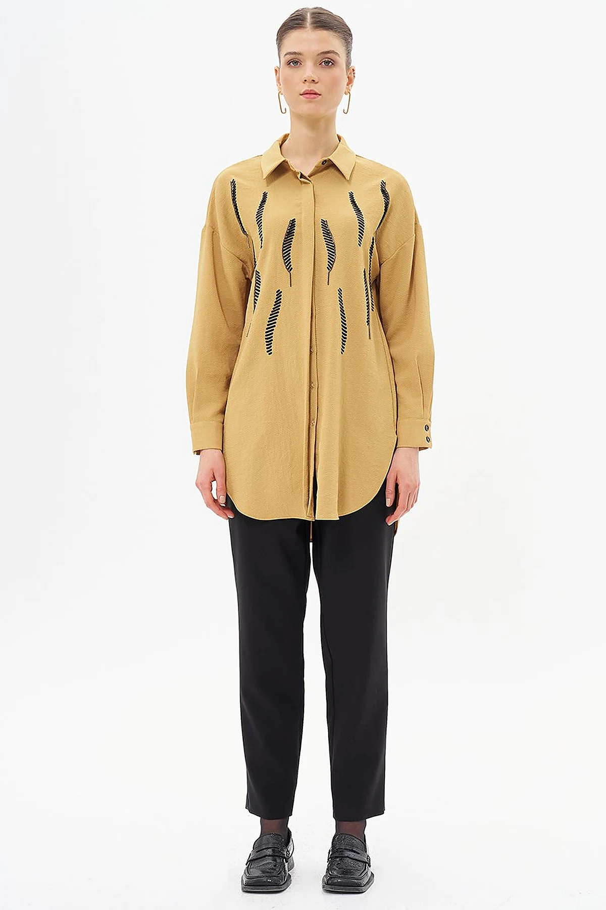 Shirt Collar Tunic with Stripe Detail Mustard