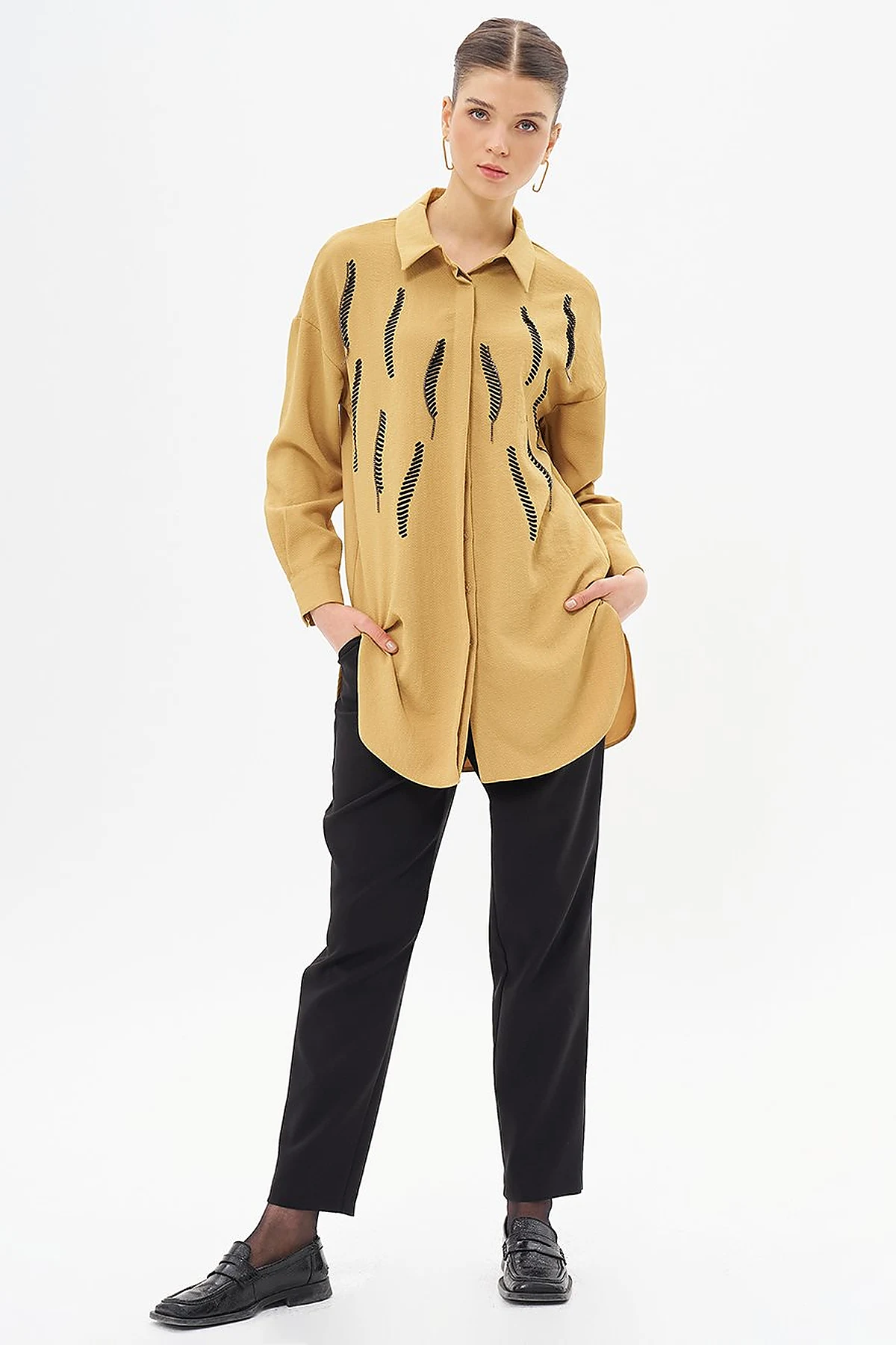 Shirt Collar Tunic with Stripe Detail Mustard