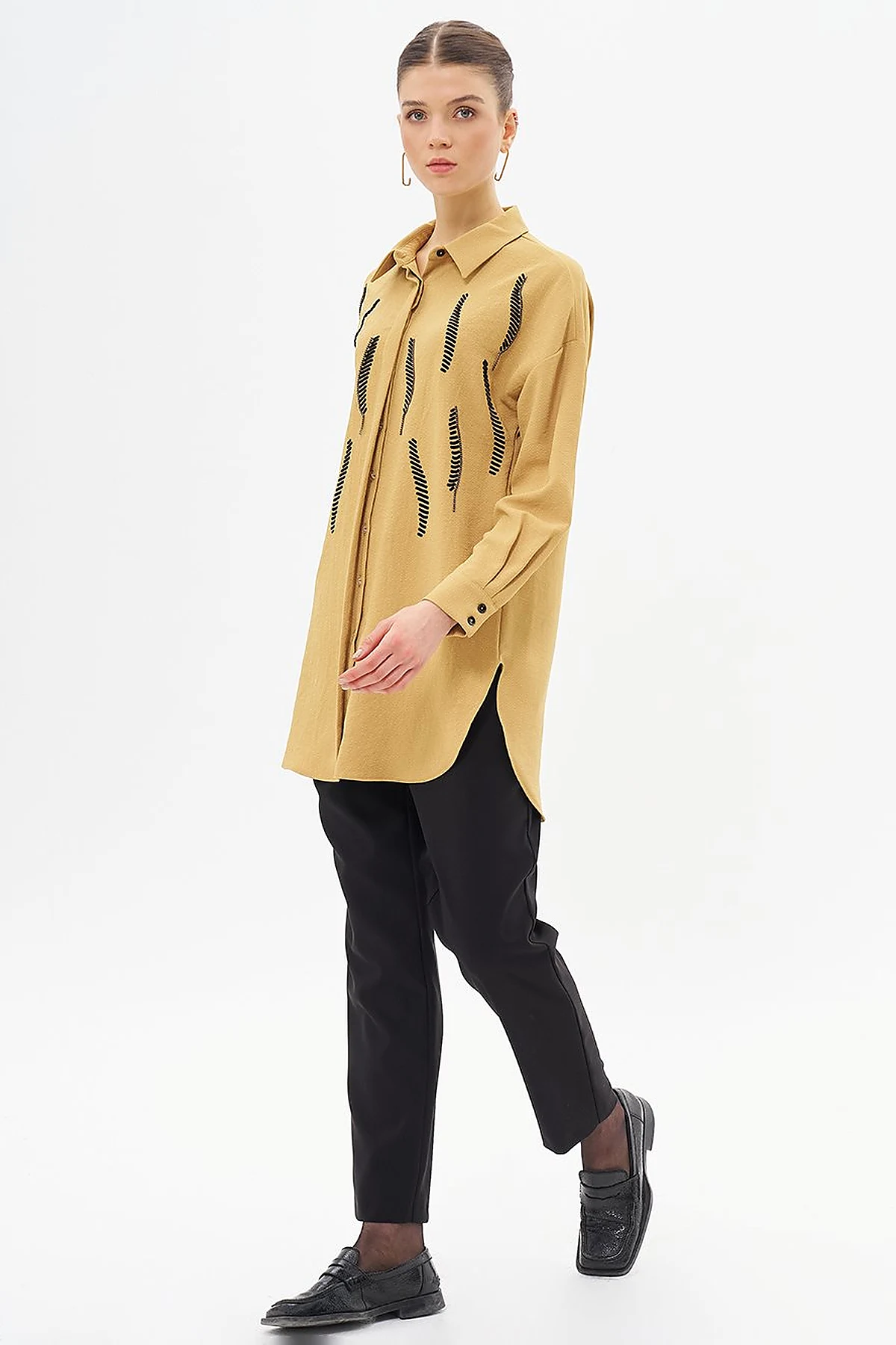 Shirt Collar Tunic with Stripe Detail Mustard