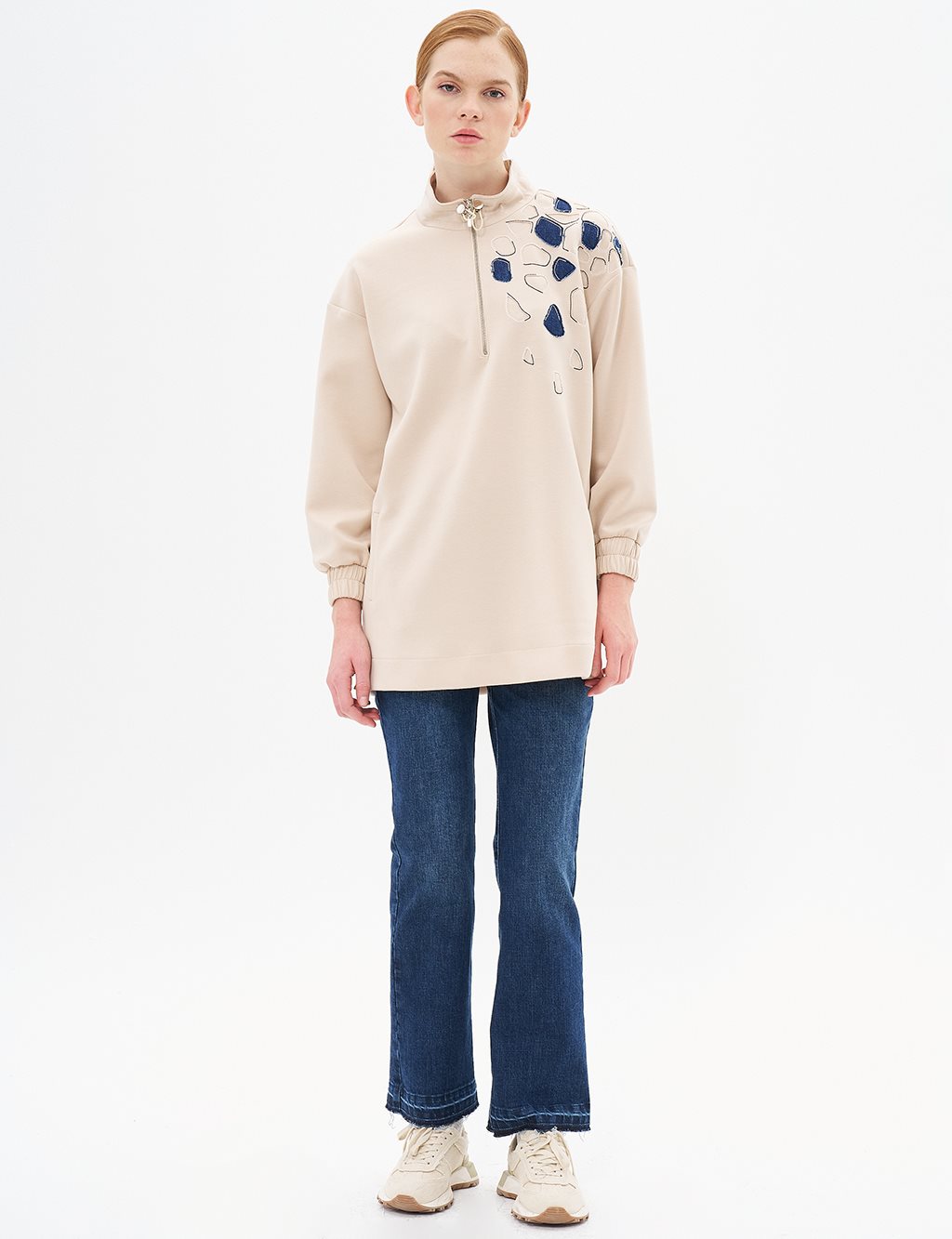 Embroidered Applique Scuba Tunic Light Beige