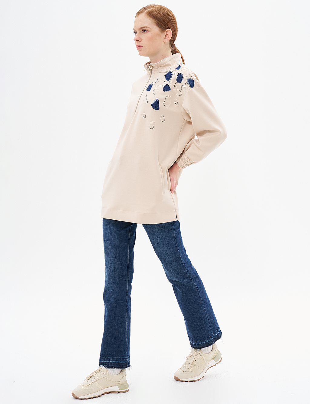 Embroidered Applique Scuba Tunic Light Beige