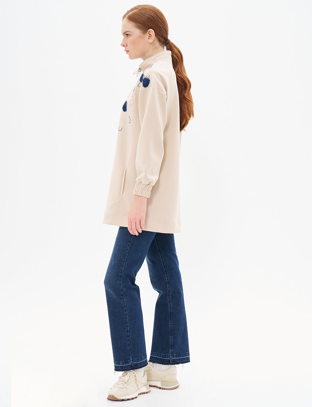 Embroidered Applique Scuba Tunic Light Beige