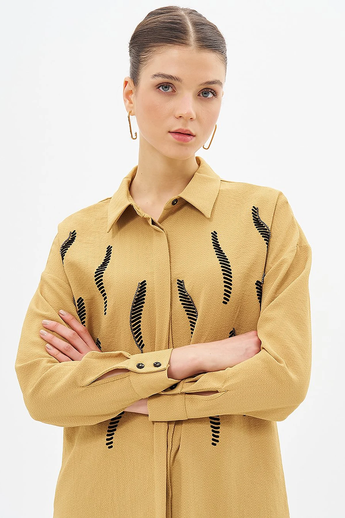 Shirt Collar Tunic with Stripe Detail Mustard