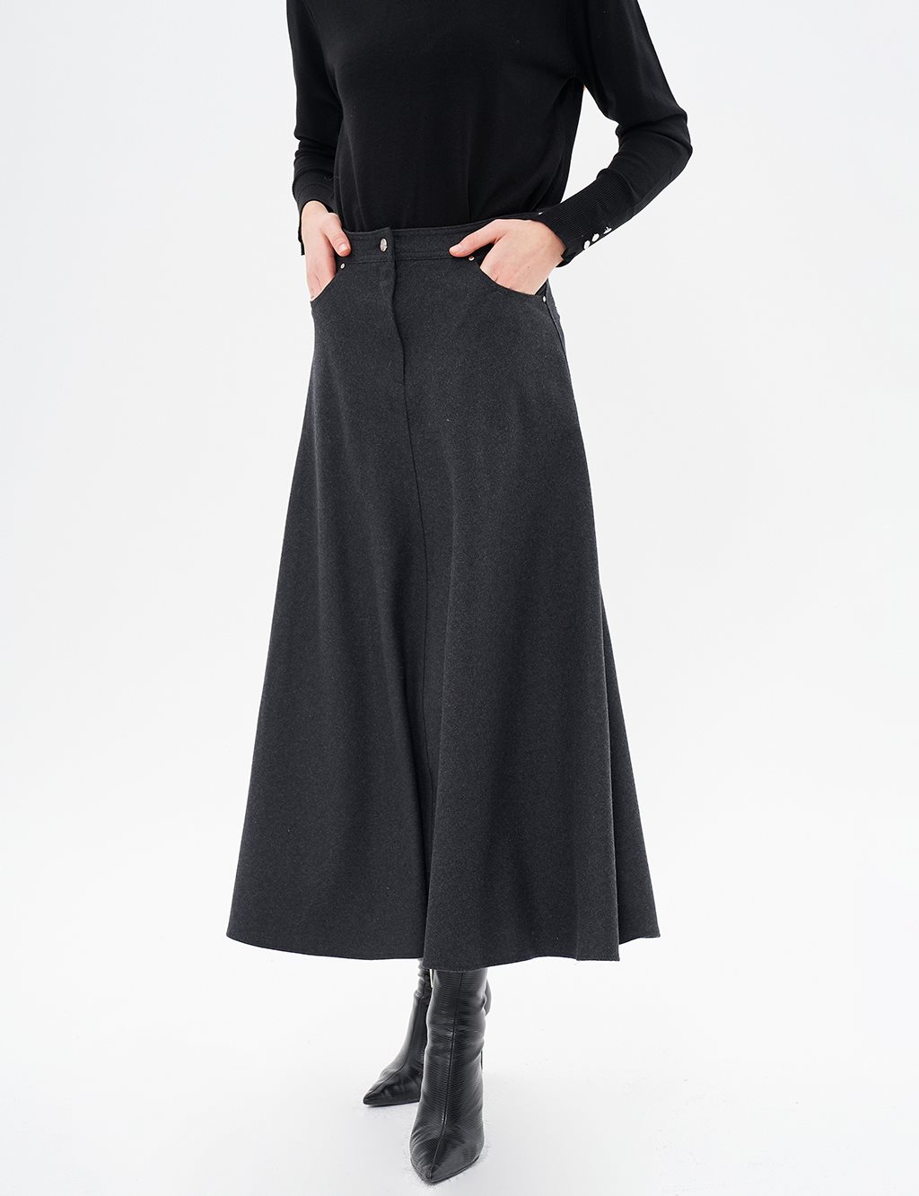 Zipper Detailed Felt Skirt Smokey