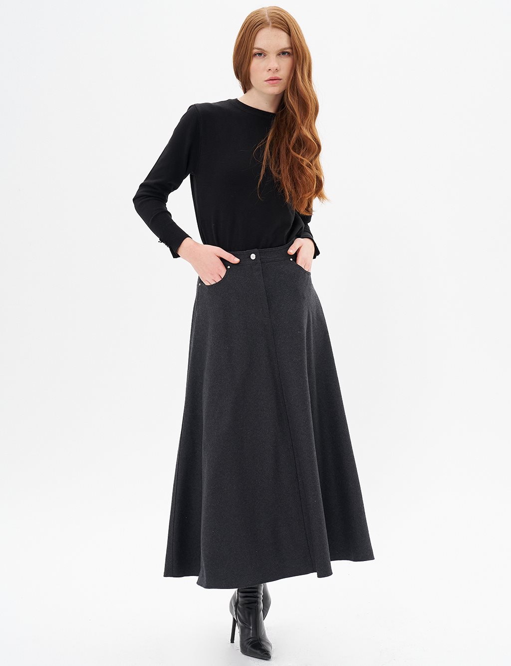 Zipper Detailed Felt Skirt Smokey