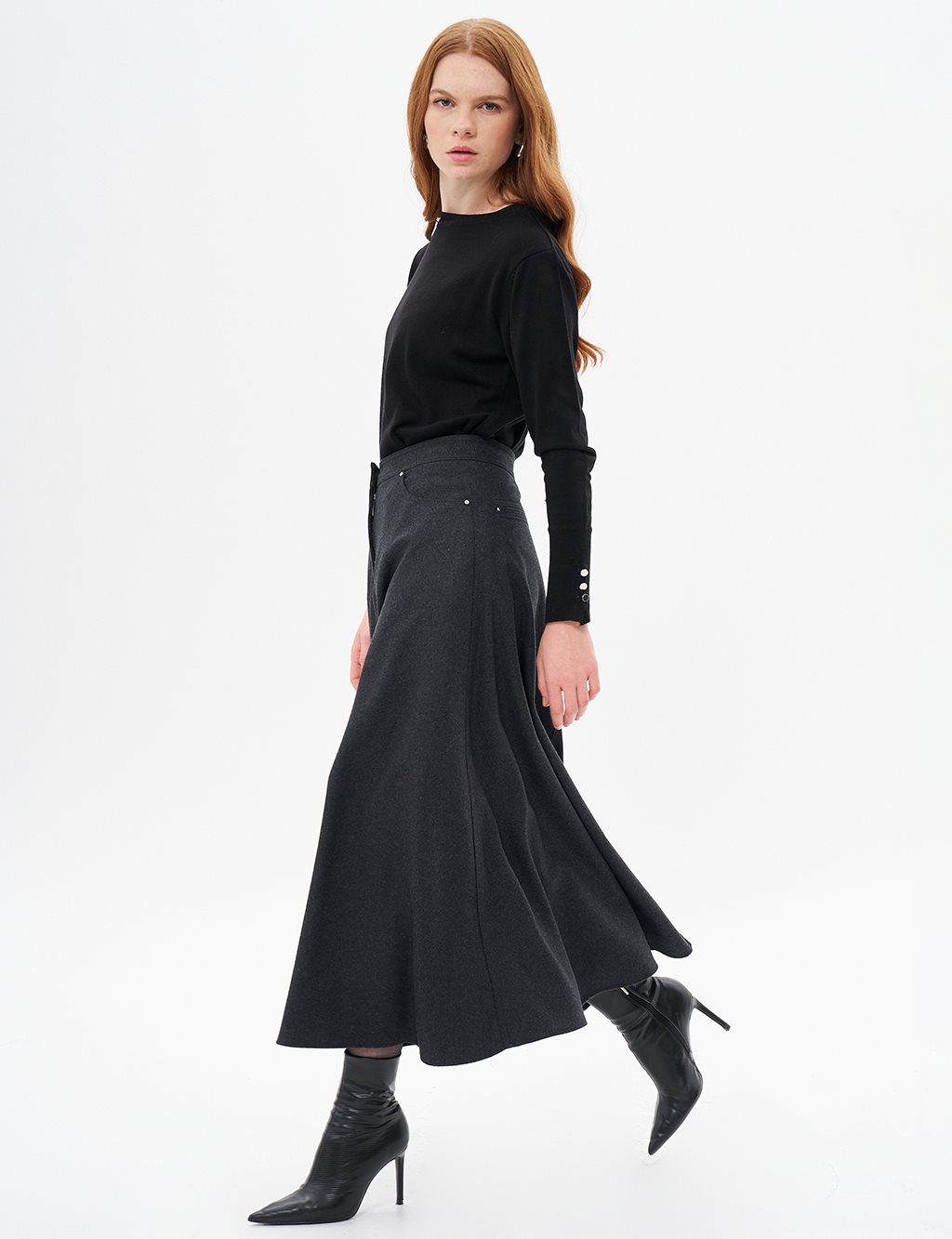 Zipper Detailed Felt Skirt Smokey