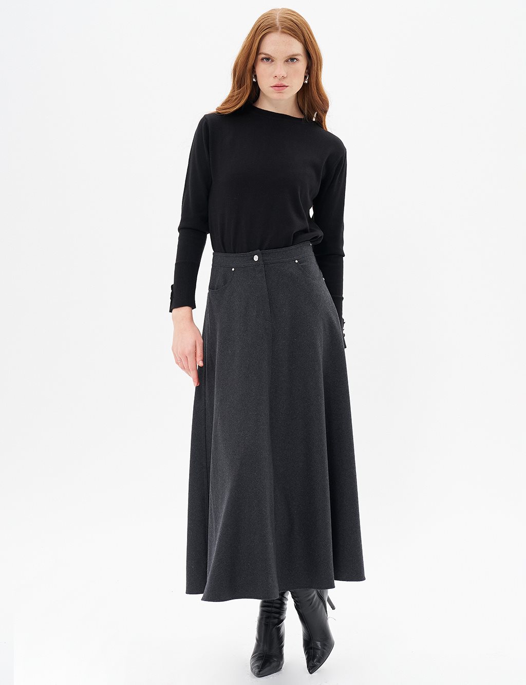 Zipper Detailed Felt Skirt Smokey