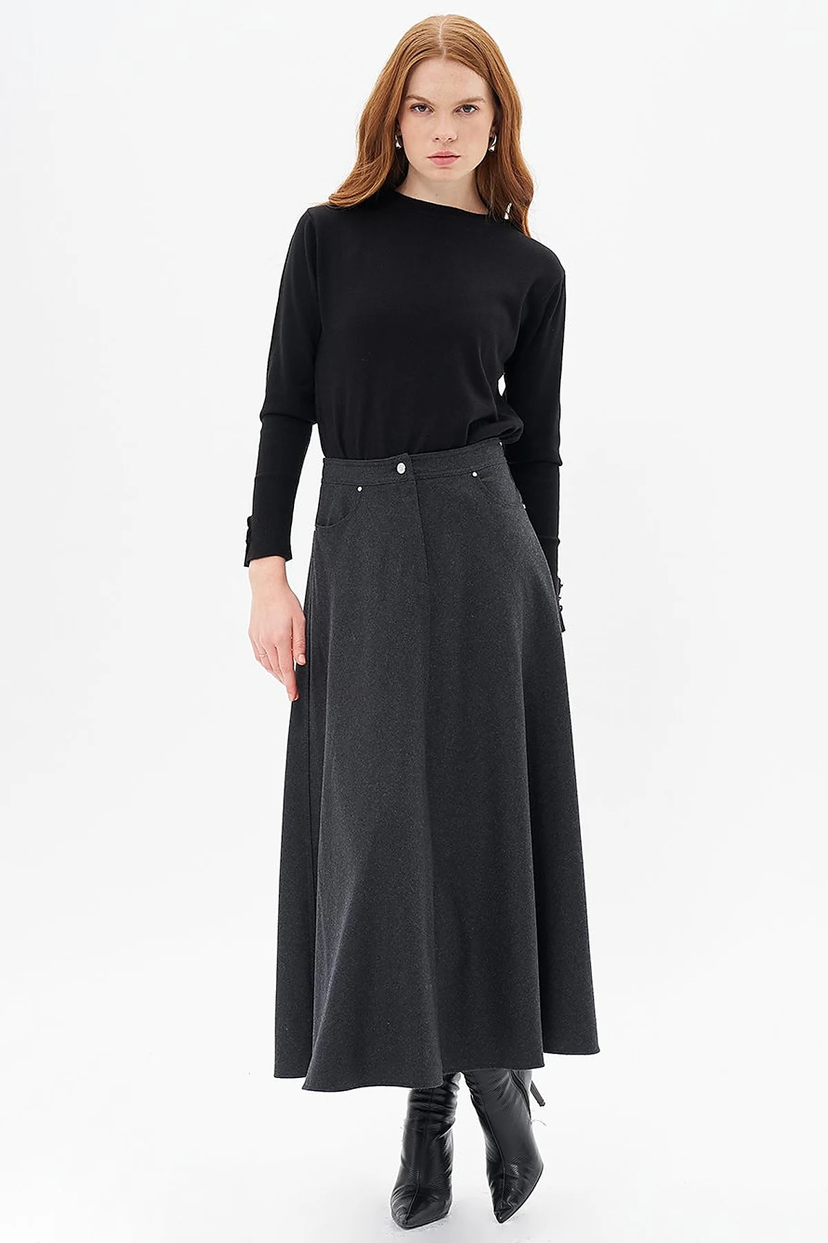Zipper Detailed Felt Skirt Smokey