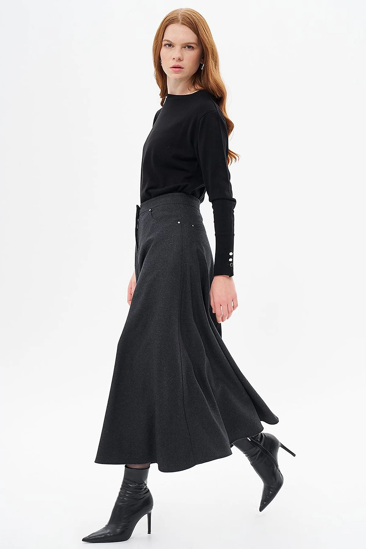Zipper Detailed Felt Skirt Smokey