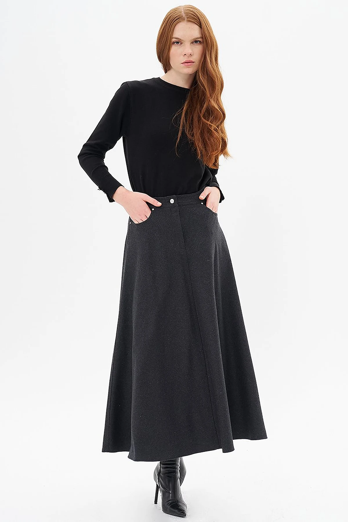 Zipper Detailed Felt Skirt Smokey