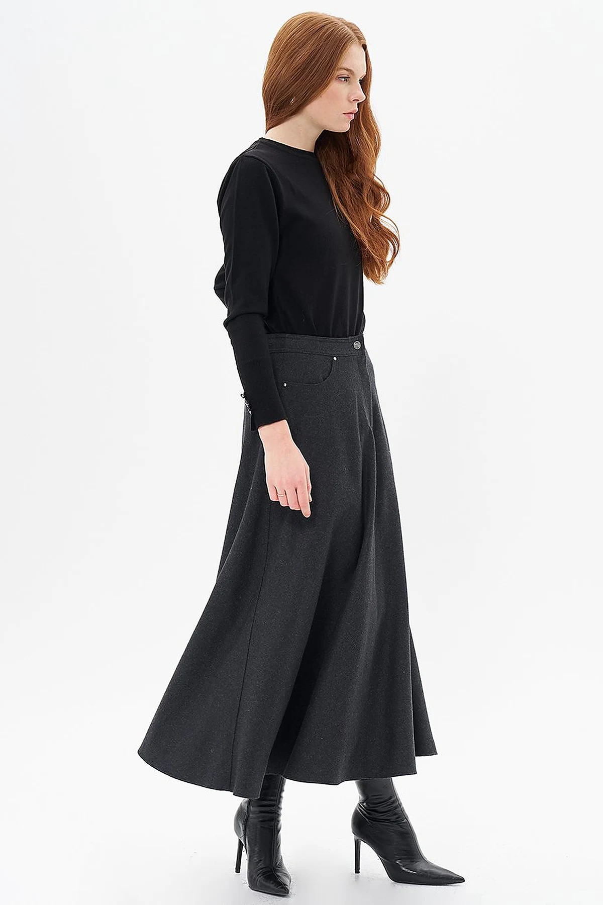 Zipper Detailed Felt Skirt Smokey