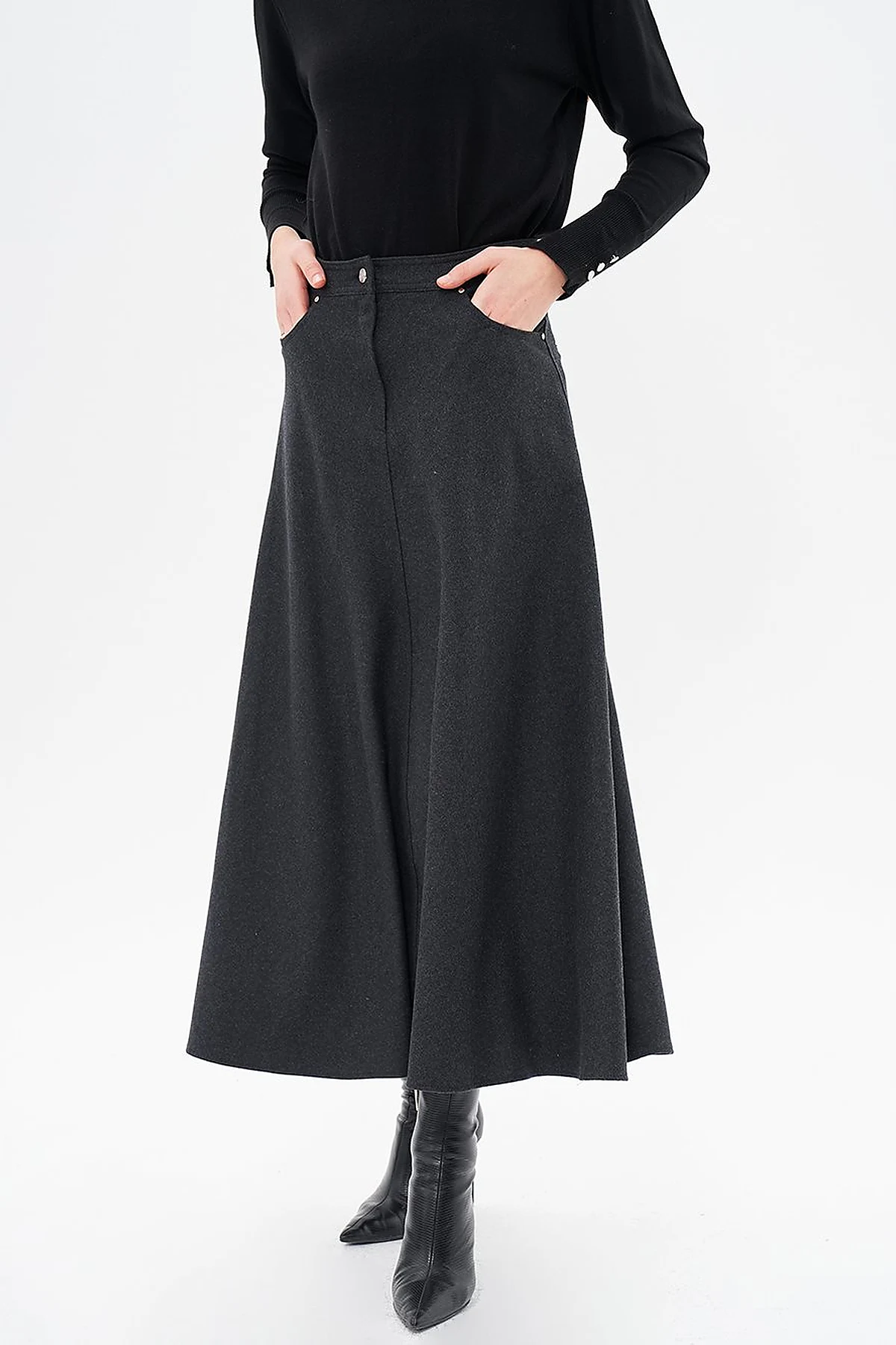 Zipper Detailed Felt Skirt Smokey