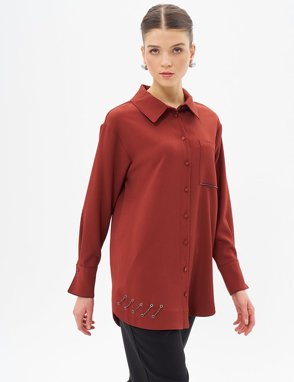 Embroidered Accessory Detailed Tunic in Brick Red