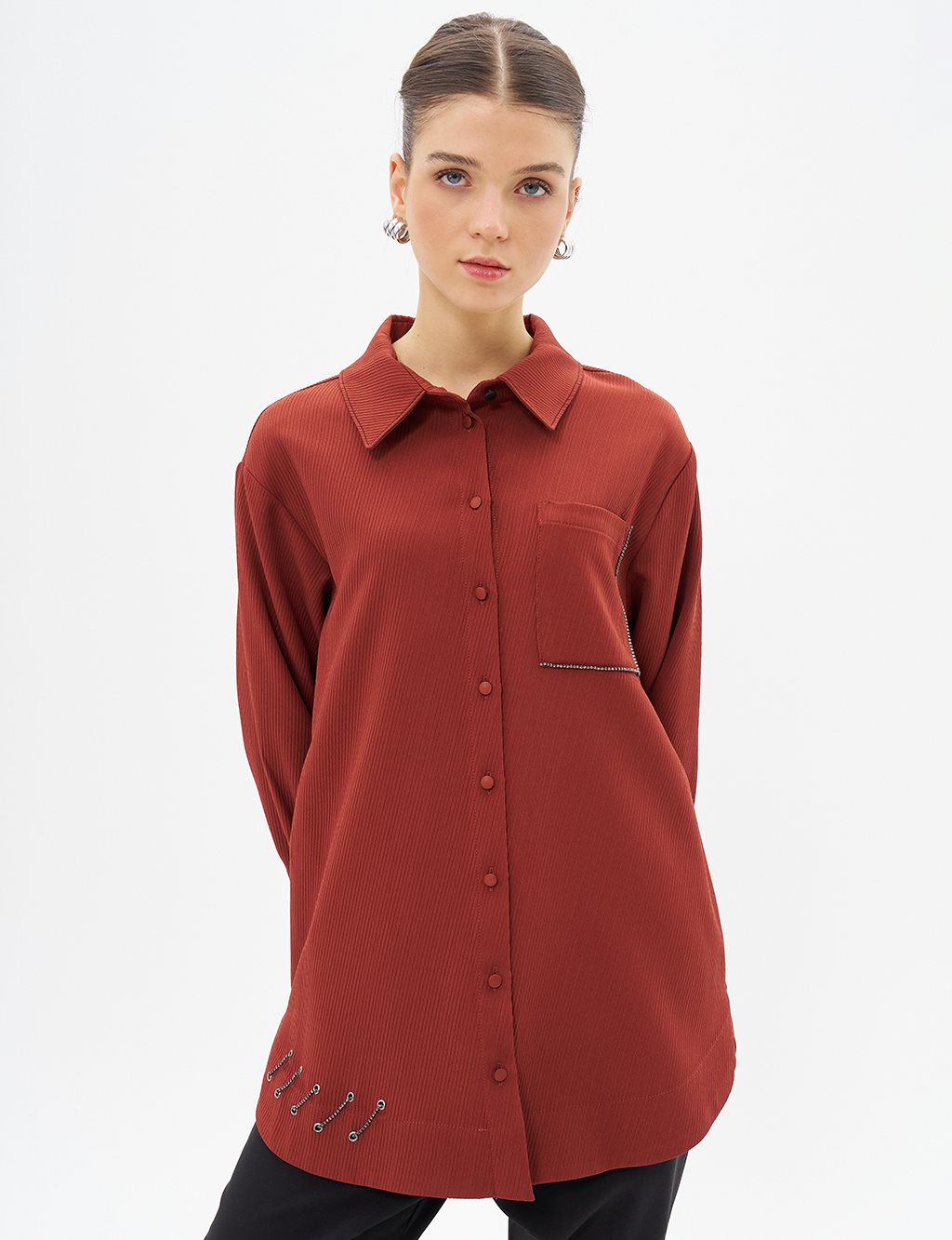 Embroidered Accessory Detailed Tunic in Brick Red