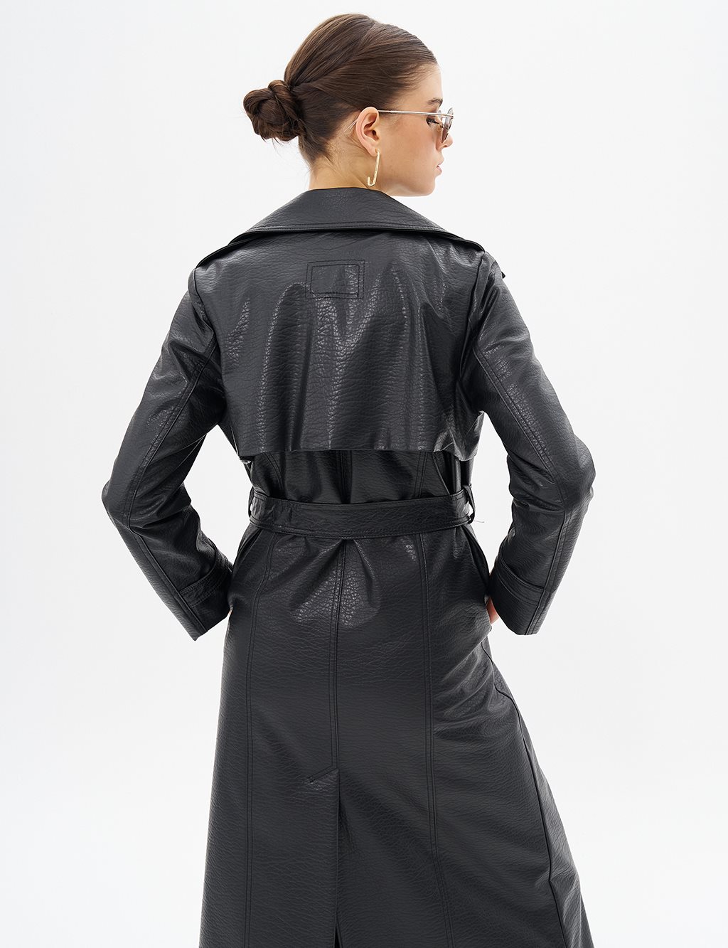 Belted Faux Leather Coat Black