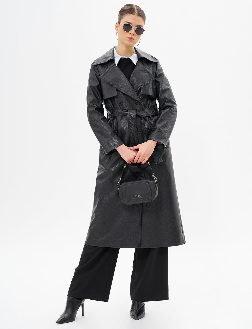 Belted Faux Leather Coat Black