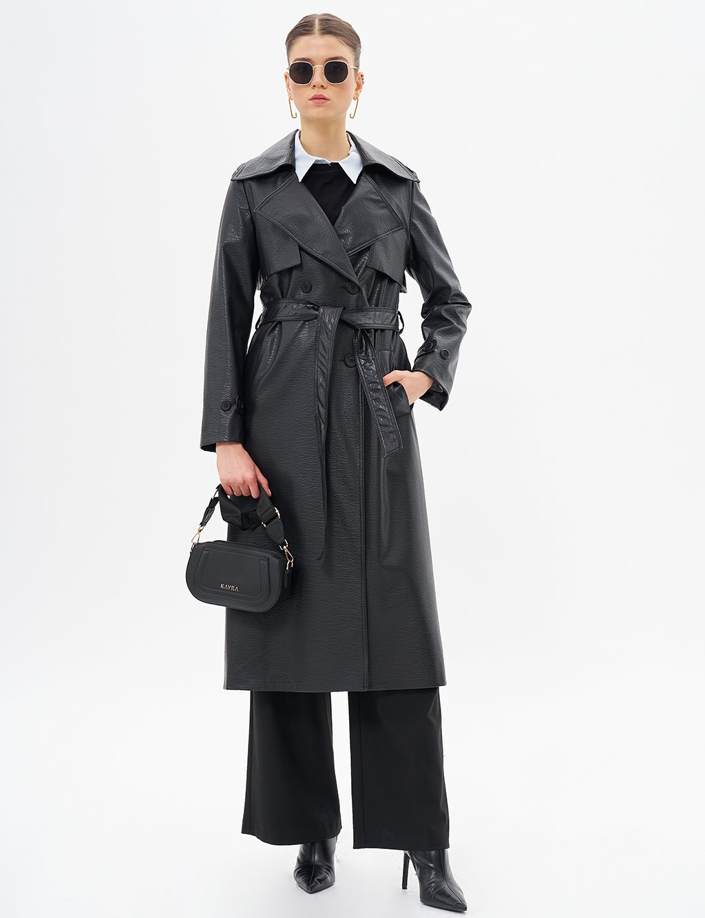 Belted Faux Leather Coat Black